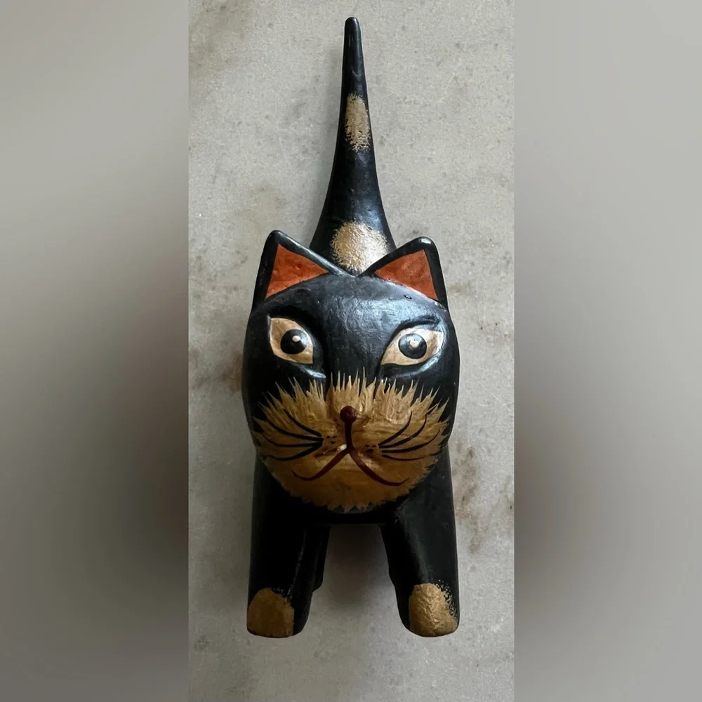 VTG Hand Carved Wooden Black Cat Figurine Folk Art Hand Painted Spotted Kitty